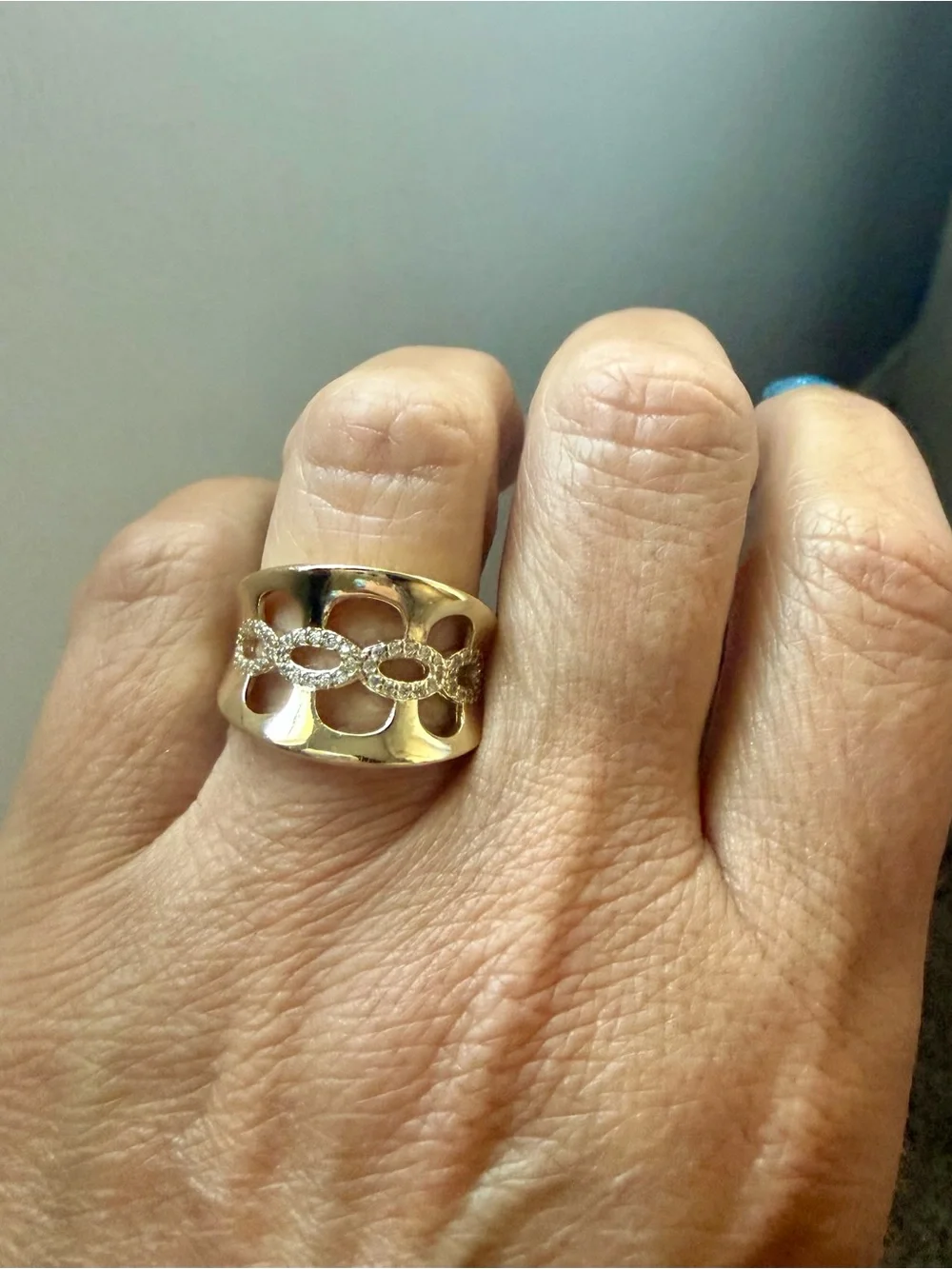 NEW! 18k Yellow Gold Plated Openwork Link CZ Accent Wide Band Ring